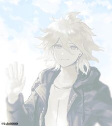  1boy bad_id bad_twitter_id closed_mouth danganronpa_(series) danganronpa_2:_goodbye_despair green_jacket grey_hair hair_between_eyes hajime_(gitoriokawaii) hand_up hood hood_down hooded_jacket jacket komaeda_nagito light looking_at_viewer male_focus shirt short_hair solo teeth twitter_username upper_body 