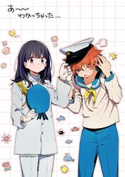  1boy black_hair blue_eyes blush cha-handaisuki cosplay couple female gridman_universe hat hibiki_yuuta highres long_hair military military_uniform naval_uniform open_mouth peaked_cap red_hair sailor sailor_collar sailor_hat short_hair smile ssss.gridman straight takarada_rikka uniform 