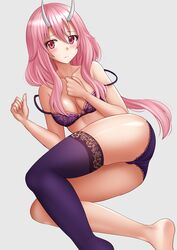  ass bare_arms bare_shoulders barefoot blush bow bow_bra bra breasts closed_mouth collarbone colored_eyelashes commentary_request feet_out_of_frame female grey_background hair_between_eyes hands_up highres horns kazenokaze long_hair looking_at_viewer lying medium_breasts on_side oni oni_horns panties pink_hair purple_bra purple_panties purple_thighhighs red_eyes shuna_(tensei_shitara_slime_datta_ken) simple_background single_thighhigh skindentation soles solo tensei_shitara_slime_datta_ken thighhighs underwear underwear_only very_long_hair 