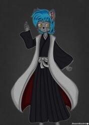  absurd_res anthro asian_clothing bleach_(series) blossomblaze canid canine clothing coat east_asian_clothing fan_character fox freckles gesture hair hi_res japanese_clothing kimono looking_at_viewer male mammal raised_arm short_hair smile smiling_at_viewer solo topwear waving wintale 