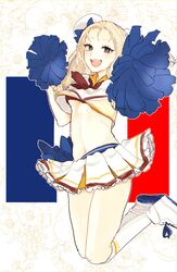  alternate_costume arai_ako beret black_neckerchief black_sports_bra blonde_hair blue_bow blue_eyes bow bow_skirt cheerleader commentary double_horizontal_stripe drill_hair female floral_background france french_flag frilled_skirt frills full_body girls_und_panzer hat hat_bow highres holding holding_pom_poms jumping kneehighs legs_up long_hair looking_at_viewer marie_(girls_und_panzer) midriff mini_hat miniskirt navel neckerchief open_mouth outline pleated_skirt pom_pom_(cheerleading) sailor_collar shirt shoes skirt smile socks solo sports_bra tilted_headwear white_footwear white_hat white_outline white_shirt white_socks 