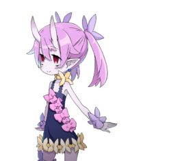  bieko_(disgaea) bow bow_choker bridal_garter choker closed_mouth colored_skin cowboy_shot demon_girl disgaea dress dress_bow earrings female harada_takehito horns jewelry legs_apart looking_away makai_senki_disgaea_6 official_art pink_bow pink_hair pointy_ears purple_dress purple_skin purple_wrist_cuffs red_eyes ribbon_choker short_hair skin-covered_horns smile solo transparent_background twintails wrist_cuffs yellow_bow yellow_choker 