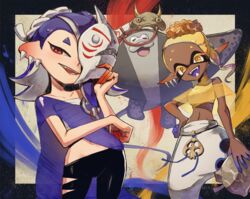  1boy 2girls :d big_man_(splatoon) blonde_hair blue_hair chest_sarashi commentary crop_top dark-skinned_female dark_skin domino_mask frye_(splatoon) highres holding holding_mask inkling kuroi_susumu looking_at_viewer mask midriff multiple_girls navel octoling open_mouth pointy_ears red_eyes sarashi shirt shiver_(splatoon) short_hair smile splatoon_(series) splatoon_3 standing tentacle_hair yellow_eyes yellow_shirt 