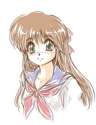  brown_hair female green_eyes long_hair looking_at_viewer okuri_ookami retro_artstyle school_uniform serafuku solo white_background yoshinaga_sally yuusha_series yuusha_tokkyuu_might_gaine 