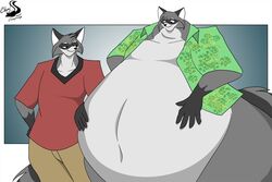  anthro belly big_belly bottomwear chrisandcompany clothed clothing duo facial_markings fur gloves_(marking) green_clothing green_topwear grey_body grey_fur hands_on_belly head_markings huge_belly hyper hyper_belly larger_anthro larger_male male mammal markings mask_(marking) overweight procyonid raccoon red_clothing red_topwear size_difference small_head smaller_anthro smaller_male topwear 