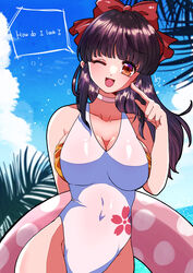  absurdres black_hair blue_sky breasts brown_eyes choker cloud covered_navel cowboy_shot day english_text female floral_print hair_ribbon highleg highleg_swimsuit highres innertube large_breasts long_hair meu. official_alternate_costume one-piece_swimsuit one_eye_closed outdoors ponytail red_ribbon ribbon sakura_taisen shinguuji_sakura sky smile solo swim_ring swimsuit white_choker white_one-piece_swimsuit 