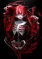  black_background colored_skin doryudory female green_eyes grey_hair grey_skin heart_(organ) highres hololive hololive_indonesia kureiji_ollie long_hair looking_at_viewer multicolored_hair open_mouth parted_lips patchwork_skin red_eyes red_hair skeleton skull solo stitched_face stitches very_long_hair virtual_youtuber yellow_eyes zombie 