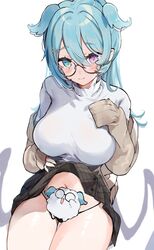  absurdres bad_id bad_twitter_id black_panties black_skirt blue_eyes blush breasts brown_cardigan cardigan closed_mouth clothes_lift elira_pendora elira_pendora_(3rd_costume) famelira_(elira_pendora) feet_out_of_frame female glasses hair_between_eyes head_wings heterochromia highres large_breasts lifting_own_clothes long_hair looking_at_viewer navel nijisanji nijisanji_en oimo_0imo panties purple_eyes shirt simple_background sitting skirt skirt_lift smile thighs underwear virtual_youtuber white_background white_shirt wings 