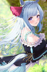  animal_ears blue_hair blurry blurry_background blush braid breasts collarbone crown_braid female hair_ornament highres horse_ears horse_girl horse_tail long_hair looking_at_viewer medium_breasts mejiro_ardan_(umamusume) open_mouth primamiya purple_eyes solo tail umamusume 