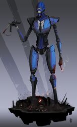  1boy absurdres apex_legends balisong blood blood_on_weapon blu_spy_(tf2) blue_eyes cigarette cosplay crossover embers english_commentary grey_background highres holding holding_cigarette holding_knife humanoid_robot knife male_focus mask octane_(apex_legends) revenant_(apex_legends) robot simulacrum_(titanfall) smoking solo spy_(tf2) spy_(tf2)_(cosplay) team_fortress_2 weapon wolfdawg_art 