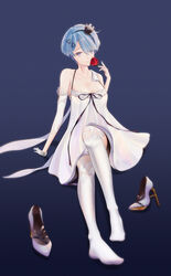  absurdres blue_background blue_eyes blue_hair breasts crown dress female flower girls&#039;_frontline gloves hat high_heels highres holding holding_flower legs looking_at_viewer mini_crown mini_hat photoshop_(medium) red_flower red_rose rose shoes short_hair sitting small_breasts smile solo swallow_zzy thighhighs unworn_shoes white_dress white_footwear white_gloves white_thighhighs zas_m21_(girls&#039;_frontline) zas_m21_(white_queen)_(girls&#039;_frontline) 