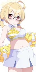  absurdres ahoge bare_shoulders black-framed_eyewear blonde_hair blue_archive blush braid breasts cheerleader cleavage closed_mouth commentary_request female fuuna glasses hair_between_eyes halo highres kotori_(blue_archive) kotori_(cheer_squad)_(blue_archive) long_hair looking_at_viewer low_twintails medium_breasts millennium_cheerleader_outfit_(blue_archive) navel pleated_skirt pom_pom_(cheerleading) red_eyes simple_background skirt smile solo teardrop-framed_glasses twintails v-shaped_eyebrows white_background white_skirt 