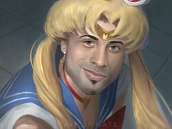  1boy art_of_neight artist_name bishoujo_senshi_sailor_moon bishoujo_senshi_sailor_moon_s blonde_hair blue_eyes blue_sailor_collar bow bowtie choker circlet closed_mouth cosplay crescent crescent_earrings crossdressing derivative_work diadem earrings facial_hair gachimuchi goatee hair_ornament hair_over_shoulder heart heart_choker jewelry lips long_hair looking_at_viewer male_focus manly meme parody realistic red_bow red_bowtie red_choker ricardo_milos sailor_collar sailor_moon sailor_moon_(cosplay) sailor_moon_redraw_challenge_(meme) sailor_senshi_uniform screenshot_redraw shirt smile smirk smug solo twintails upper_body white_shirt 