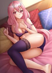  ass bare_arms bare_shoulders barefoot blush bow bow_bra bra breasts closed_mouth collarbone colored_eyelashes commentary feet_out_of_frame female hair_between_eyes hands_up highres horns indoors kazenokaze long_hair looking_at_viewer lying medium_breasts on_bed on_side oni oni_horns panties pillow pink_hair purple_bra purple_panties purple_thighhighs red_eyes shuna_(tensei_shitara_slime_datta_ken) single_thighhigh skindentation soles solo tensei_shitara_slime_datta_ken thighhighs underwear underwear_only very_long_hair 