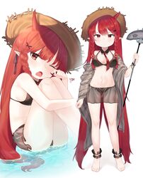  ;o absurdres ankle_cuffs arknights bad_id bad_pixiv_id barefoot bikini bikini_skirt black_bikini blush breasts character_name detached_sleeves female fish full_body hat highres horns hugging_own_legs long_hair looking_at_viewer multiple_views navel necktie oerba_yun_fang official_alternate_costume one_eye_closed polearm red_eyes red_hair red_necktie see-through side-tie_bikini_bottom simple_background sitting small_breasts standing starfish_hair_ornament straw_hat swimsuit toes trident useq1067 vigna_(arknights) vigna_(casual_vacation)_(arknights) weapon white_background 