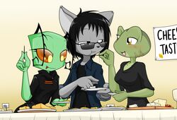  2017 alien alien_humanoid amelia_(sandwich-anomaly) amphibian antennae_(anatomy) anthro black_hair breasts cheese dairy_products detailed_background digital_media_(artwork) domestic_cat english_text eyelashes fan_character feeding felid feline felis female fingers food frog fur green_body green_skin grey_body grey_fur group hair humanoid invader_zim irken male mammal multicolored_body multicolored_skin nickelodeon orange_sclera sanavava_(zerna) sandwich-anomaly scar simple_eyes smile standing text tongue tongue_out toothpick van_(sandwich-anomaly) whiskers yellow_eyes 