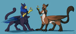  2021 4_toes 5_fingers 8_limbs athalean avian avian_taur beak black_beak black_body black_claws black_feathers black_fur black_talons blue_background blue_body blue_eyes blue_feathers blue_hair brown_body brown_feathers brown_fur chakat_blackpaw claws closed_eyes duo feathers feet female fingers fur gryphon gryphon_taur hair holding_object imminent_transformation mythological_avian mythological_creature mythology nude open_mouth pink_tongue potion simple_background taur toes tongue transformation_potion yellow_beak yellow_talons zarakon 