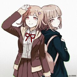  2girls animal_bag backpack bad_id bad_pixiv_id bag black_jacket blunt_bangs blush brown_skirt cat_bag collared_shirt danganronpa_(series) danganronpa_2:_goodbye_despair danganronpa_3_(anime) dress_shirt dual_persona flipped_hair galaga hair_ornament hajime_(gitoriokawaii) hand_up hood hood_down hooded_jacket hope&#039;s_peak_academy_school_uniform jacket long_sleeves looking_at_viewer looking_back looking_up md5_mismatch medium_hair multiple_girls nanami_chiaki neck_ribbon open_clothes pink_eyes pleated_skirt red_ribbon ribbon school_uniform shading_eyes shirt shirt_tucked_in short_hair simple_background skirt smile spaceship_hair_ornament twitter_username white_background white_shirt 