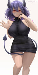  abpart artist_name bare_legs blue_hair breasts cleavage demon_girl demon_horns demon_tail eyebrows_hidden_by_hair female hair_between_eyes highres horns kinsou_no_vermeil large_breasts looking_at_viewer nail_polish patreon_username purple_hair red_eyes short_hair simple_background sleeveless smile solo tail thighs vermeil_(kinsou_no_vermeil) white_background 