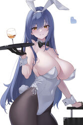  animal_ears bare_arms bare_shoulders black_bow black_bowtie black_gloves blue_hair bow bowtie breasts brown_eyes brown_pantyhose cleavage detached_collar drink fake_animal_ears fake_tail female girls&#039;_frontline gloves grin highleg highleg_leotard highres holding holding_tray kaneko_(bblogtinhan) large_breasts leotard looking_at_viewer official_alternate_costume pantyhose playboy_bunny rabbit_ears rabbit_tail sidelocks simple_background smile solo tail tar-21_(girls&#039;_frontline) tar-21_(night_at_the_bar)_(girls&#039;_frontline) tray white_background wrist_cuffs 