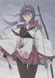  arrow_(projectile) black_gloves black_pantyhose bow_(weapon) closed_eyes cloud cloudy_sky cowboy_shot facing_viewer female fingerless_gloves gloves hakama hakama_skirt haori headband highres holding holding_arrow holding_bow_(weapon) holding_weapon japanese_clothes kantai_collection long_hair low_twintails muneate neckerchief pantyhose partially_fingerless_gloves pleated_skirt purple_hair red_neckerchief red_sailor_collar red_skirt ryuuhou_(kancolle) ryuuhou_kai_ni_(kancolle) sailor_collar skirt sky solo standing taigei_(kancolle) taruya thigh_gap twintails weapon yugake 