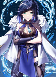  bare_shoulders blue_hair blunt_bangs braid breasts cleavage cleavage_cutout clothing_cutout commentary_request cowboy_shot crossed_arms dice elbow_gloves female fur-trimmed_jacket fur_trim genshin_impact gloves green_eyes grin highres jacket jacket_on_shoulders kutsuda_miru large_breasts looking_at_viewer mole mole_on_breast parted_lips partial_commentary pelvic_curtain pink_lips short_hair single_braid single_glove sleeveless smile solo standing white_jacket yelan_(genshin_impact) 