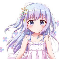  bare_arms bare_shoulders blue_eyes blue_hair blueberry_hair_ornament blush closed_mouth collarbone commentary_request dress female floral_background food-themed_hair_ornament glint gochuumon_wa_usagi_desu_ka? goth_risuto hair_ornament kafuu_chino long_hair looking_at_viewer revision ribbon-trimmed_dress simple_background sleeveless sleeveless_dress solo two_side_up very_long_hair white_background white_dress 