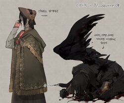  1boy artist_name ascot black_hair black_wings bleeding blood blood_splatter bloodborne bonnet boots brown_vest buckle cape cloak closed_eyes copyright_name cosplay crossdressing dress fingerless_gloves gloves hair_ornament highres jacket korean_commentary lady_maria_of_the_astral_clocktower lady_maria_of_the_astral_clocktower_(cosplay) long_hair male_focus mask mouth_mask naruto_(series) ningyeon no_headwear plain_doll plain_doll_(cosplay) ponytail simple_background single_wing skirt twitter_username uchiha_itachi vest wings 