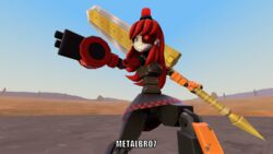  3d_(artwork) big_sword day desert digital_media_(artwork) female gun_arm hair holding_object holding_weapon humanoid machine melee_weapon metalbro7 mimi_sentry red_eyes red_hair robot smile solo source_filmmaker_(artwork) sword weapon 