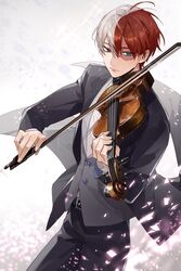  1boy alternate_costume aqua_eyes belt black_coat black_pants boku_no_hero_academia bow_(music) burn_scar buttons closed_mouth coat commentary diffraction_spikes e_(h798602056) formal grey_eyes hair_between_eyes heterochromia holding holding_instrument holding_violin instrument lapels long_sleeves male_focus multicolored_hair music pants playing_instrument red_hair scar scar_on_face short_hair solo sparkle split-color_hair suit tailcoat todoroki_shouto tuxedo two-tone_hair violin waistcoat white_hair 