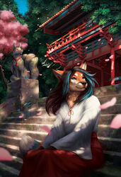  2020 :3 ambient_bird ambiguous_gender anthro asian_clothing avian bird black_nose blue_eyes blue_hair blue_highlights blue_sky blurred_foreground bottomwear brown_hair building canid canine canine_sculpture cherry_blossom cherry_tree clothed clothing day detailed detailed_ambient_creature detailed_background digital_media_(artwork) digital_painting_(artwork) east_asian_clothing eyebrows eyelashes falling_petals female female_focus feral flower flowing_hair forest fox fox_sculpture fruit_tree fully_clothed fur goldendruid group hair hakama hi_res highlights_(coloring) inanimate_object inari_shrine inner_ear_fluff japanese_clothing kimono looking_away mammal moss multicolored_tail neck_tuft orange_body orange_fur outside particles petals plant prunus_(flower) red_bottomwear red_clothing red_hakama rock sculpture shaded shrine shrine_maiden sitting sky smile solo_focus stairs statue string tail tree tuft whiskers wind 