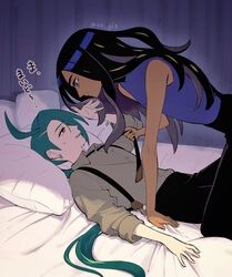  2girls artist_name bed black_hair black_pants blue_eyes blue_shirt closed_mouth commentary dark-skinned_female dark_skin flat_chest from_side geeta_(pokemon) green_hair grey_shirt highres indoors interracial long_hair looking_at_another lying multicolored_hair multiple_girls necktie necktie_grab neckwear_grab on_bed orange_eyes pants pillow pokemon pokemon_sv pokipoki profile reverse_trap rika_(pokemon) shirt sleeveless sleeveless_shirt suspenders sweat twitter_username very_long_hair yuri 