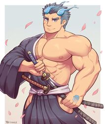  1boy abs alternate_muscle_size bara bare_pectorals blue_eyes cherry_blossoms cowboy_shot fiery_horns hadanugi_dousa hair_slicked_back hakama hakama_short_skirt hakama_skirt highres holding holding_sword holding_weapon horns japanese_clothes katana kimono large_pectorals looking_at_viewer male_focus muscular muscular_male nipples open_clothes open_kimono pectorals petals sakimori_toji scar scar_on_cheek scar_on_face sheath short_hair skirt smile solo stomach sword terraxle tokyo_afterschool_summoners unsheathing weapon 