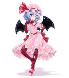  absurdres back_bow bat_wings blue_hair blush bodysuit bodysuit_under_clothes bow collared_shirt commentary_request female frilled_shirt frilled_shirt_collar frilled_skirt frilled_sleeves frills full_body hair_between_eyes hand_on_own_hip hat hat_ribbon highres latex latex_bodysuit looking_at_viewer mob_cap oerba_yun_fang open_mouth pink_footwear pink_hat pink_shirt pink_skirt puffy_short_sleeves puffy_sleeves red_bodysuit red_bow red_eyes red_ribbon remilia_scarlet ribbon riretsuto shadow shiny_clothes shirt short_sleeves simple_background skin_tight skirt solo touhou white_background wings 