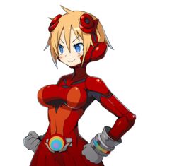  blonde_hair blue_eyes bodysuit breasts closed_mouth covered_navel cowboy_shot disgaea female gloves grey_gloves hand_on_own_hip harada_takehito makai_senki_disgaea_6 medium_breasts nijino_piyori official_art red_bodysuit shiny_clothes short_hair skin_tight smile solo tokusatsu transparent_background very_short_hair 