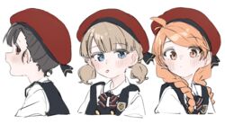  3girls :/ :o :p absurdres antenna_hair beret black_bow black_bowtie black_hair blue_eyes blunt_bangs blush bow bowtie braid closed_mouth cropped_torso elementary_schoolmate_(idolmaster) emblem expressionless eyes_visible_through_hair from_side hair_behind_ear hat highres idolmaster idolmaster_million_live! idolmaster_million_live!_theater_days light_brown_hair lineup long_hair looking_at_viewer looking_to_the_side low_twintails meeeeeeco359 multiple_girls nakatani_iku ogami_tamaki open_mouth orange_eyes orange_hair profile red_eyes red_headwear school_uniform short_hair short_twintails sideways_glance simple_background strap_slip striped_bow striped_bowtie striped_clothes suou_momoko swept_bangs tareme tint_me_(idolmaster) tongue tongue_out twin_braids twintails uniform_series_(idolmaster) upper_body white_background wing_collar 