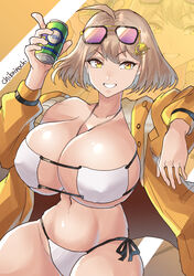  ahoge anis_(nikke) anis_(sparkling_summer)_(nikke) bare_shoulders bikini blush breasts can chikoinochi cleavage collarbone drink_can eyepatch_bikini eyewear_on_head female goddess_of_victory:_nikke grin highres jacket jewelry large_breasts light_brown_hair long_sleeves looking_at_viewer navel necklace off_shoulder official_alternate_costume open_clothes open_jacket short_hair smile soda_can solo sunglasses swimsuit thighs white_bikini yellow_eyes yellow_jacket 