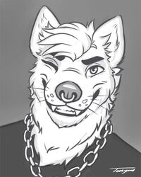  2020 4:5 clothed clothing digital_media_(artwork) eyebrows eyelashes facial_piercing hair hyena mammal nose_piercing nose_ring piercing ring_piercing smile solo tenynn 