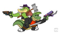  2023 4_fingers alligator alligatorid anthro biped bottomwear brok_(brok_the_investigator) brok_the_investigator clothing cowcat_games crocodilian duo fan_character fingers green_body gun hat headgear headwear hi_res hubie360 humanoid_hands pants ranged_weapon reptile scalie shirt simple_background topwear weapon white_background 