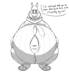  2021 anthro barefoot belly big_belly bottomwear clothed clothing dialogue dress_shirt ears_up english_text facial_horn feet front_view hand_on_belly horn looking_at_viewer male mammal monochrome mouth_closed narrowed_eyes navel necktie nose_horn obese obese_anthro obese_male overweight overweight_anthro overweight_male pants praceph rhinoceros shirt smile smiling_at_viewer solo speech_bubble standing text topwear 