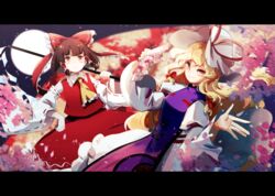  2girls ascot blonde_hair blurry blurry_background bow brown_hair cake_mogo closed_mouth detached_sleeves dress english_commentary frilled_ascot frilled_bow frilled_shirt_collar frills hair_tubes hairbow hakurei_reimu hand_fan hat hat_ribbon holding holding_fan juliet_sleeves letterboxed long_sleeves looking_at_viewer mob_cap multiple_girls orange_eyes paper_fan print_tabard puffy_sleeves purple_tabard red_bow red_eyes red_ribbon red_shirt red_skirt ribbon ribbon-trimmed_sleeves ribbon_trim shirt skirt sleeveless sleeveless_shirt smile tabard touhou white_dress white_headwear yakumo_yukari yellow_ascot 