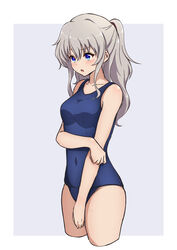  absurdres arm_at_side arm_under_breasts bare_arms blue_eyes blue_one-piece_swimsuit blush breasts charlotte_(anime) collarbone commentary_request covered_navel cowboy_shot curvy eyelashes eyes_visible_through_hair female frown furrowed_brow grey_background hair_between_eyes half_updo highres long_hair looking_afar medium_breasts nishizuki_shino one-piece_swimsuit open_mouth ponytail school_swimsuit shy sidelocks simple_background solo standing swimsuit tomori_nao 