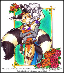  anthro bassariscus big_tail black_body black_fur black_markings bottomwear brown_markings cacomistle canid canine canis chester_ringtail_magreer chris_deck_(character) clothed clothing collar denim denim_bottomwear denim_clothing duo fingers flower fur gem grey_body grey_fur hair havoc_inc. hug hugging_another hugging_from_behind jeans jewelry lady_rumplestiltskin leotard male male/male mammal markings multicolored_body one_piece_suit pants plant procyonid ring-tailed_cat ring_(marking) ringed_tail rose_(flower) shirt simple_background standing striped_body striped_fur striped_markings striped_tail stripes tail tail_markings tan_body tan_fur topwear traditional_media_(artwork) tuft white_background white_body white_fur white_hair wolf 