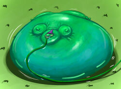  2025 adult_swim anthro belly big_belly blush blush_lines cartoon_network clothing critter_(smiling_friends) glep_(smiling_friends) grass hat hat_only headgear headgear_only headwear headwear_only hi_res hose hose_in_mouth hose_inflation huge_belly hyper hyper_belly ian-exe immobile inflation liquid_inflation male mostly_nude outside plant signature smiling_friends solo water water_inflation 