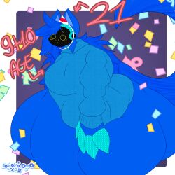  4_fingers animal_humanoid anthro big_breasts birthday blue_body blue_fur blue_hair breasts canid canine claws clothing confetti cybernetics cyborg fingers fur hair hat headgear headwear hi_res humanoid hunched_over hyper long_tail machine mammal mammal_humanoid party_hat protogen protogen_visor sad sokoyo_owo starry_(sokoyo_owo) tail yellow_eyes 