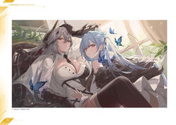  2girls azur_lane between_breasts black_necktie blue_hair breasts bug butterfly buttons chair character_name cleavage coat day dress earrings flower fur-trimmed_coat fur_trim grey_hair hair_flower hair_ornament hand_up highres horns indoors jewelry kursk_(azur_lane) large_breasts long_hair looking_at_viewer multiple_girls necktie non-web_source official_art page_number red_eyes sitting voroshilov_(azur_lane) white_coat white_dress window zutsuyaku 