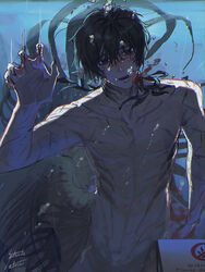  1boy air_bubble blood bubble claw_mark claws hand_up highres limbus_company male_focus merman monster_boy open_mouth project_moon satome_setsuko sharp_teeth smile solo teeth tentacle topless_male underwater yi_sang_(project_moon) 