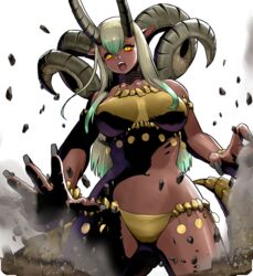  bikini breasts dark-skinned_female dark_skin drache_goldenes dragon_girl dragon_horns dragon_tail female fingernails grey_hair grey_nails horns large_breasts long_hair metal_slug metal_slug_attack mixed_horns official_art solo swimsuit tail transparent_background yellow_bikini yellow_eyes 