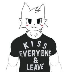  :3 anthro black_clothing black_shirt black_topwear blush blush_lines boy_kisser_(meme) canid canine clothing english_text graphic_tee half-length_portrait hi_res looking_at_viewer male mammal meme meme_clothing muscular muscular_anthro muscular_male portrait red_blush shirt shitpost silly_cat_(mauzymice) simple_background smug smug_face solo sunstripe t-shirt text text_on_clothing text_on_shirt text_on_topwear topwear white_background 