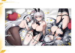  3girls animal animal_ears arm_support ass azur_lane bare_shoulders bed_sheet between_breasts bird black_leotard blue_eyes blush braid breasts character_name cleavage closed_mouth copyright_name detached_collar elbow_gloves fake_animal_ears fake_tail frills from_side garter_straps gloves grey_hair hair_ornament hand_on_own_chest heart heart-shaped_pillow highleg highleg_leotard highres kursk_(azur_lane) large_breasts leotard long_hair looking_at_viewer lying maenoo mainz_(azur_lane) manjuu_(azur_lane) multiple_girls necktie non-web_source official_art on_back page_number pantyhose parted_lips petals pillow playboy_bunny rabbit_ears rabbit_tail red_eyes sevastopol_(azur_lane) shiny_skin sideboob sitting small_breasts smile strapless strapless_leotard tail thighhighs very_long_hair white_hair 